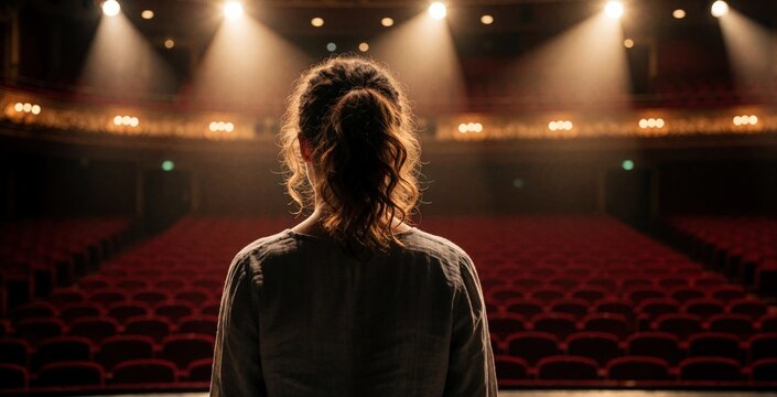 Young female actor stands alone on stage facing empty red theater seats. Dramatic spotlight shines on woman rehearsing drama lines in auditorium. Solo performer prepares monologue for play in grand