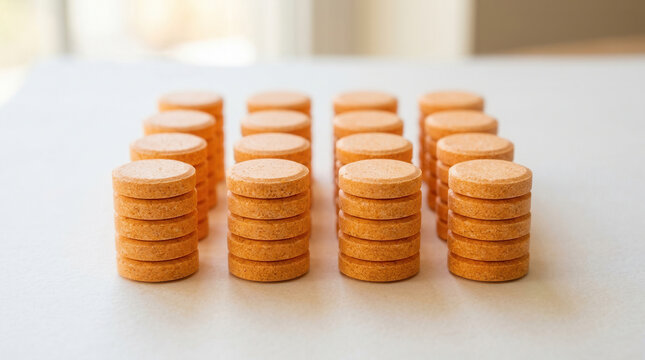Orange Vitamin Tablets Stacked In Rows For Health And Wellness