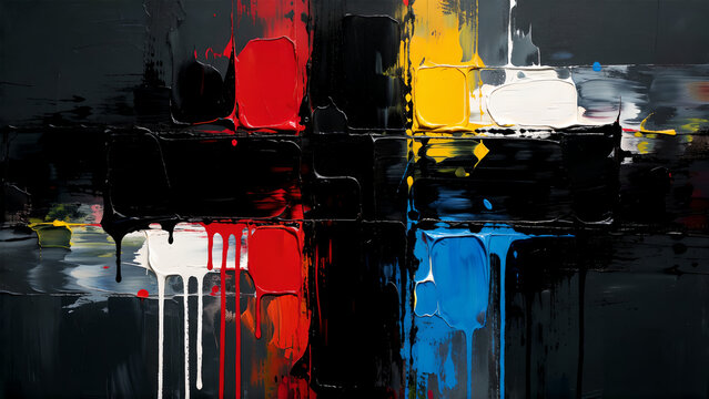 Abstract oil painting with vibrant primary colors dripping on a dark black background.