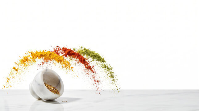 Vibrant Spices Exploding from White Marble Mortar and Pestle on White Background