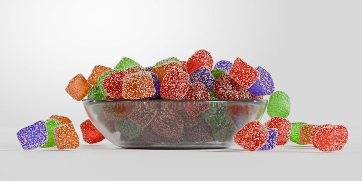 3d sugary gummy candies in a bowl, white background