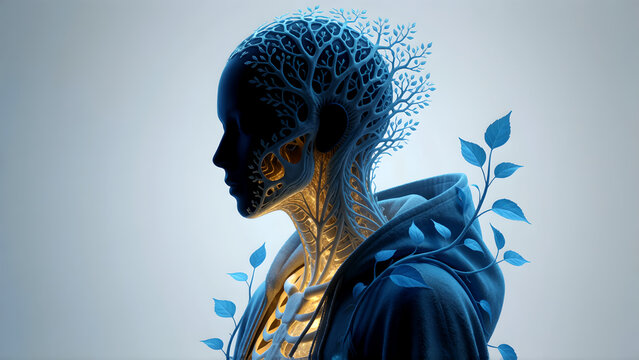 Surreal artistic portrait of a human silhouette merging with organic tree branches and glowing leaves.