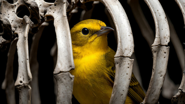 A vibrant yellow bird perched behind white animal rib cage bones.
