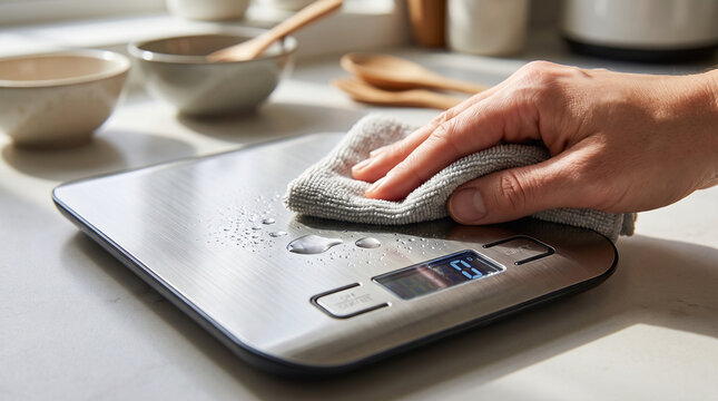Wiping down kitchen scale in a modern kitchen with bowls and utensils  