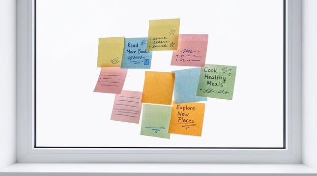 Colorful sticky notes with handwritten goals and tasks stuck on a window pane