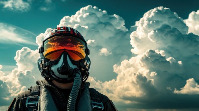 Fighter pilot in full gear stands against dramatic cloudy sky. Pro aviator wears flight helmet, oxygen mask near airfield. Military air force officer prepares for mission flight training. Heroic