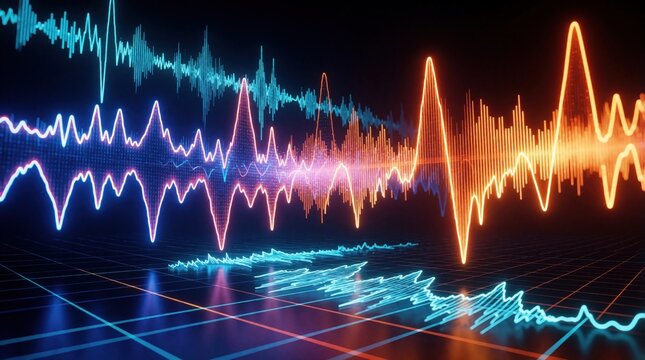 Abstract neon graphs display brain activity waves. Visual data shows neural signals, frequency shifts, and health metrics. Digital science charts visualize complex biofeedback patterns.