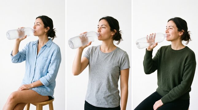 Woman drinking water from a large bottle in three different outfits and poses against a white background