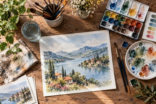 Watercolor Painting Setup Overhead