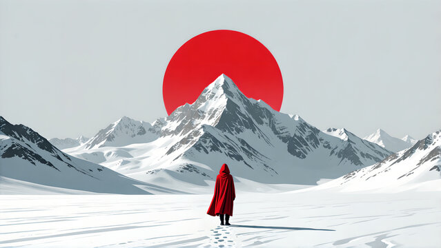 A solitary figure in a red cloak standing before a snowy mountain landscape with a large red sun.