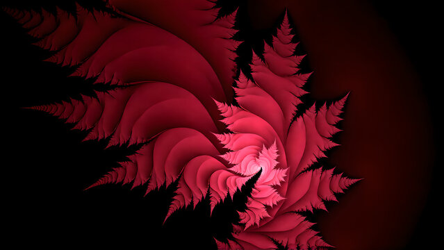 Abstract fractal art featuring a swirling red leaf pattern against a dark background.