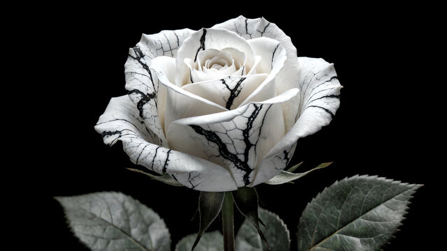 A beautiful white rose with dark cracked marble texture patterns on petals.