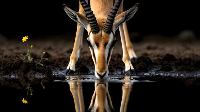 A graceful gazelle drinking water from a pool with a reflection against a dark background.