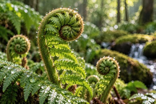 Unfurling Fern Leaves Macro with Dew