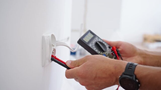 Person testing electrical wires with a multimeter