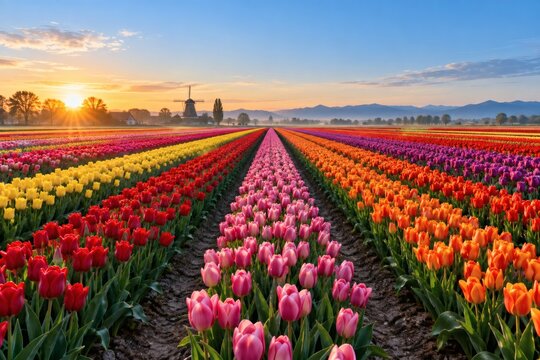 Colorful Tulip Field Rows and Windmill