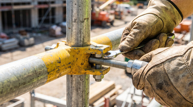 Construction worker installing safety railing with tools on site  