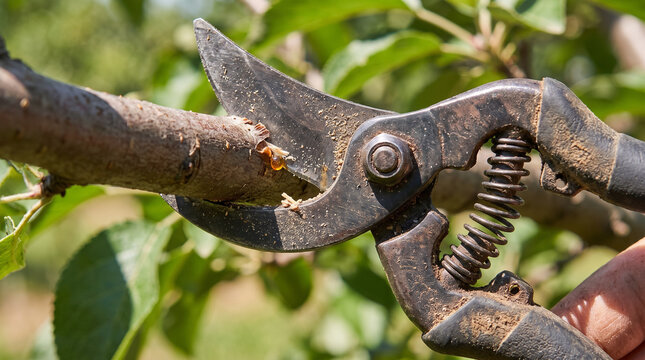 Arborist pruning street tree with pruning shears in a garden  