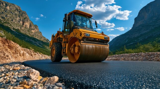 Road roller compacting fresh asphalt on a remote mountain highway under bright summer skies, showcasing infrastructure development.