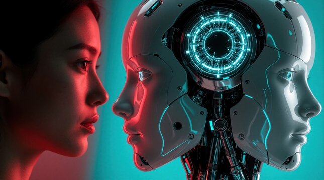 Woman and robot face profile comparison. Human versus AI, digital evolution concept with contrasting red and blue light. Futuristic tech background.