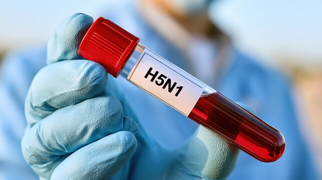 Medical professional holds sealed H5N1 blood sample tube, highlighting avian flu diagnostics and biosecurity in agriculture.