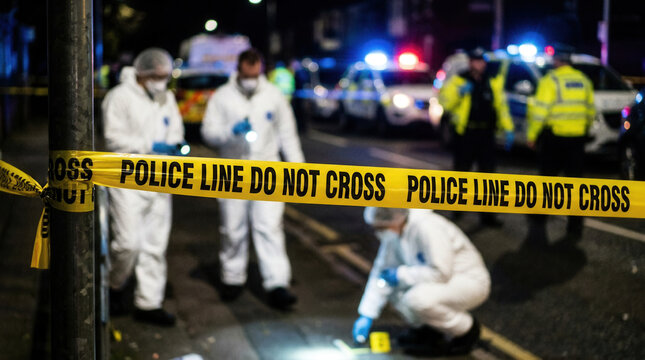 Crime Scene Investigation At Night With Forensic Team And Police Presence
