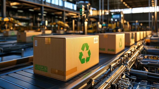 Automated distribution center with recyclable boxes on conveyor belts highlights eco-friendly logistics and sustainable packaging.