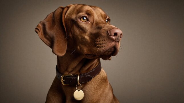 Closeup portrait of brown Vizsla dog wearing leather collar with gold tag. Cute domestic pet looks up with intelligent eyes, calm expression. Short smooth fur detail on canine face against neutral