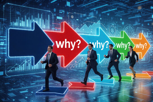Business team run through digital arrows with why questions. Corporate professionals solve root cause problems using five whys method. Men, woman analyze business processes, seek solutions, find