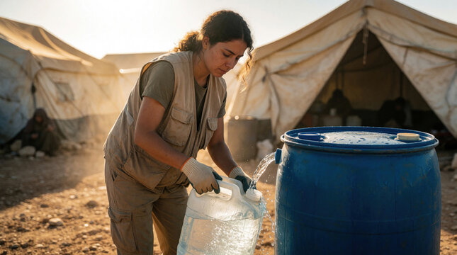 Female aid worker pours clean water into large blue barrel at refugee camp. Tents and people visible in background during morning light. Humanitarian help and essential resource distribution.
