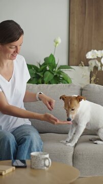 Woman hides dog treats in hands while playing a guessing game with dog on a sofa