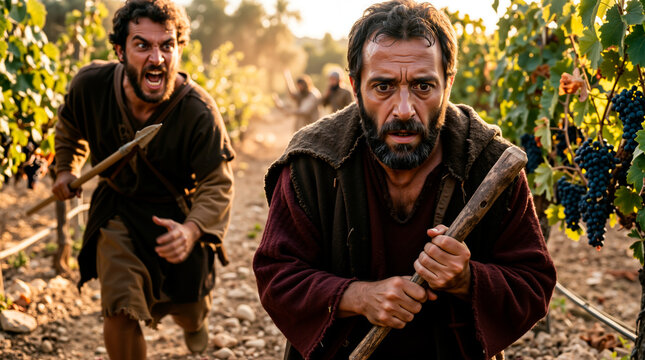 Parable of the wicked tenants in a vineyard. Biblical illustration of rebellious tenant realizing the gravity of violence while an angry man charges with a weapon. Religious historical concept
