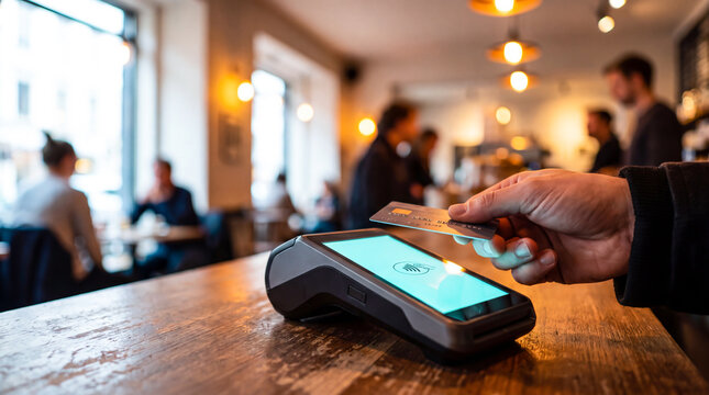 Customer paying with a credit card on a contactless POS terminal at a cafe counter with blurred background
