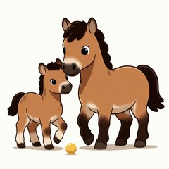 Fototapeta premium Mama horse and foal play with yellow ball. Adorable cartoon equines share sweet bonding moment. Whimsical artwork depicts peaceful countryside farm life.