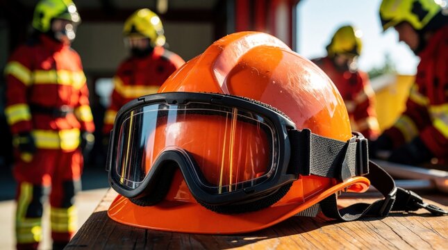 Orange hard hat and goggles sit on table. Firefighters in uniform stand blurred in background. Safety gear ready for action. Team prepares for emergency response. Vigilance ensures safety.