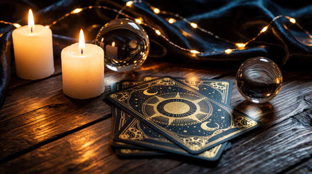 Tarot cards and crystal balls rest on wooden table near lit candles and fairy lights. Mystical scene suggests divination and fortune telling. Occult objects gather for a magic ritual or reading.