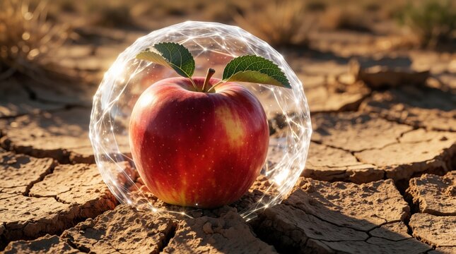 Red apple with leaves sits protected by energy shield in dry cracked earth. Represents agricultural innovation, climate adaptation and survival in harsh conditions.