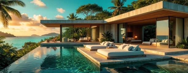 Fototapeta premium Luxury villa with infinity pool overlooks turquoise ocean. Modern architecture blends with tropical nature. Sunbeds invite relaxation by the calm sea, perfect island getaway.