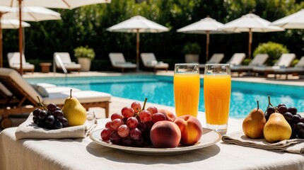 Obraz premium Luxury country club terrace with fresh fruit plate, orange juice glasses by swimming pool. Summer vacation breakfast at upscale resort. Healthy lifestyle food on table with tropical drinks, sun