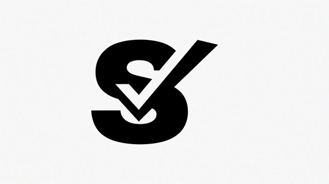 Black letter With checkmark icon on white background. Minimalist logo design shows monogram with tick mark. Simple graphic symbol represents approved status, validated choice correct answer. Modern