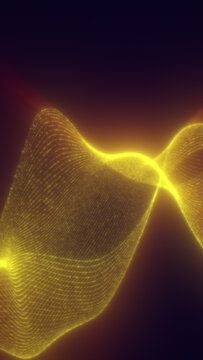 Glowing golden digital mesh wave with flowing curves and luminous particles on a dark futuristic background.