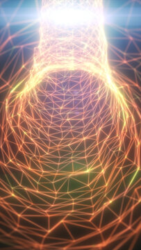 Glowing orange wireframe lines form an abstract futuristic tunnel with geometric depth, radiant motion, and immersive digital perspective.