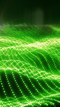 Bright green dotted waves form a flowing digital landscape of luminous data particles on a dark background.