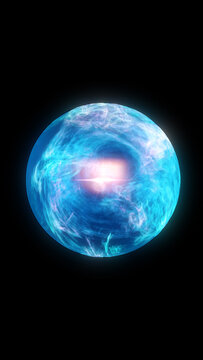 Blue glowing planet-like orb with bright plasma core, cosmic atmosphere, and abstract futuristic space energy on a dark background.