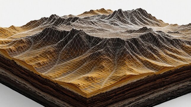 3D GIS terrain model shows detailed mountain landscape with digital wireframe mesh. Topographic DEM, DSM representation displays earth layers, elevation profiles. Scientific cartography data