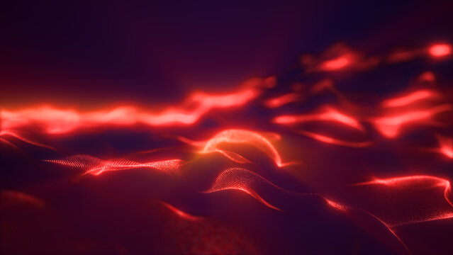 Abstract red digital particle wave with glowing mesh lines, dark background, and futuristic data flow.
