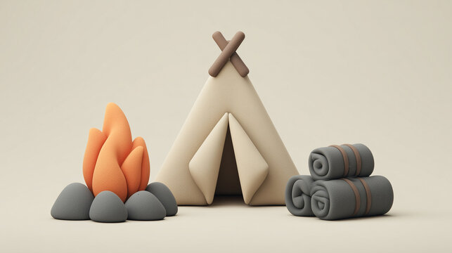 Clay Camping Tent With Fire and Bedrolls