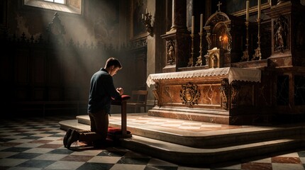 Obraz premium Young man kneels in prayer at ornate church altar. Sunlight streams through window, illuminating quiet worship. Contemplative person seeks spiritual solace and peace inside sacred sanctuary.