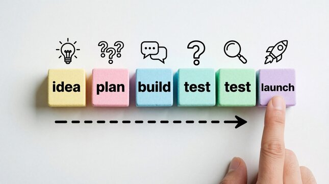 Human hand touches purple block labeled launch in business process management sequence. Colorful wooden cubes show idea plan build test, launch stages. Concept of startup workflow, product