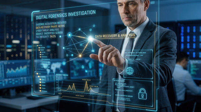 Digital Forensics Investigator Interacting With Advanced Cyber Security Interface
